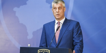 epa06693925 President of the Republic of Kosovo Hashim Thaci atttends a press conference with  President of the European Council Donald Tusk (unseen) during a meeting in Pristina, Kosovo, 26 April 2018. Donald Tusk arrived in Pristina for a one day official vist.  EPA-EFE/PETRIT PRENAJ