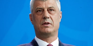 epa06722970 Kosovo's President Hashim Thaci holds a joint statement with German Chancellor Angela Merkel (not pictuyred) as part of a meeting at the chancellery in Berlin, Germany, 09 May 2018.  EPA-EFE/HAYOUNG JEON