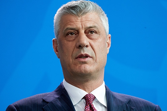 epa06722970 Kosovo's President Hashim Thaci holds a joint statement with German Chancellor Angela Merkel (not pictuyred) as part of a meeting at the chancellery in Berlin, Germany, 09 May 2018.  EPA-EFE/HAYOUNG JEON