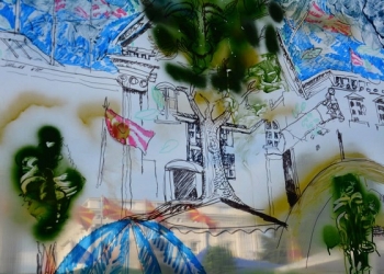 „Одмазда на дрвото“ - слика на транспарентна површина, насликана на Работилницата на ЦИВИЛ „Боите на слободата“, за време на Кампот на слободата, јуни 2015 година. Автор: Мирослав Стојановиќ - Шуки, фотографија: ЦИВИЛ