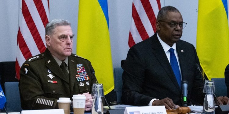 Left to right: NATO Secretary General Jens Stoltenberg; General Mark A. Milley (US Chief of Defense); Lloyd J. Austin III (US Secretary of Defense); Oleksii Reznikov (Minister of Defence, Ukraine)