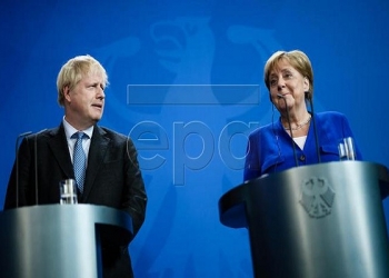 epa07784831 British Prime Minister Boris Johnson (L) and German Chancellor Angela Merkel give a joint press statement at the Chancellery in Berlin, Germany, 21 August 2019. Prior to the G7 summit in Biarritz form 24 to 27 August 2019, Johnson meets Angela Merkel and on the next day French President Emmanuel Macron. In the talks, Johnson is expected to try to resume the Brexit talks, so that it will not come to a 'no deal' exit of the United Kingdom from the EU on 31 October 2019.  EPA-EFE/CLEMENS BILAN