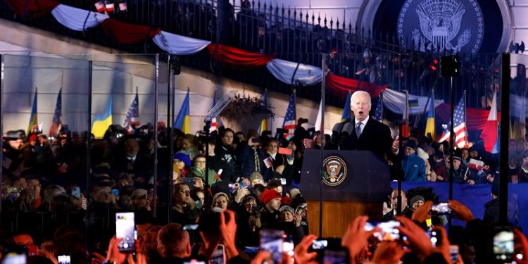 President Joe Biden holds a speech at the Royal Castle after meeting with Polish President Andrzej Duda in Warsaw, Ukraine, Tuesday, Feb. 21, 2023. (AP Photo/Michal Dyjuk)