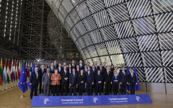 EU leaders pose for a family photo during the first day of the EU summit meeting, Thursday 12 December 2019, at the European Union headquarters in Brussels. This is the first summit since the installation of Belgian EU Council president Michel. BELGA PHOTO THIERRY ROGE (Photo by THIERRY ROGE/BELGA MAG/AFP via Getty Images)