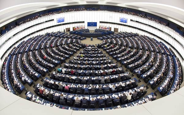 Plenary session week 10 2016 in Strasbourg.  Wide angle view of the plenary chamber. Hemicycle. Fisheye.