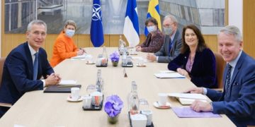 NATO Secretary General Jens Stoltenberg meets with the Minister for Foreign Affairs of Finland, Pekka Haavisto and the Minister for Foreign Affairs of Sweden, Ann Linde