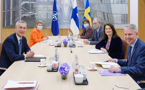 NATO Secretary General Jens Stoltenberg meets with the Minister for Foreign Affairs of Finland, Pekka Haavisto and the Minister for Foreign Affairs of Sweden, Ann Linde
