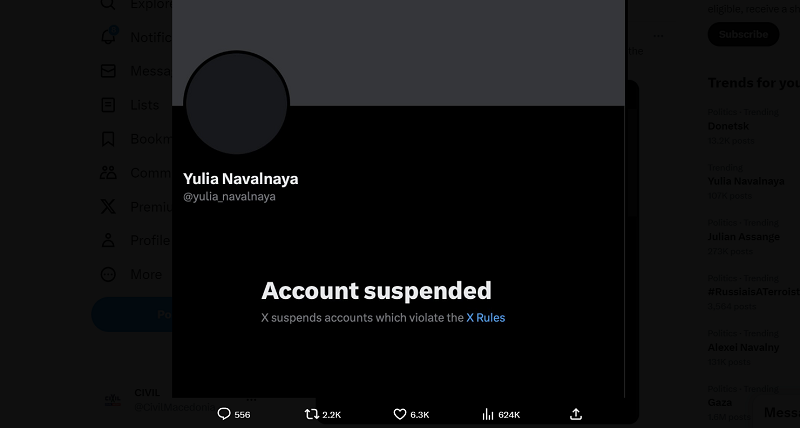 Илон Маск привремено ја суспендираше Твитер сметката на вдовицата на Навални од непознати причини