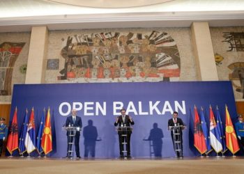 Serbian President Aleksandar Vucic , Albanian Prime Minister Edi Rama and North Macedonia Deputy Prime Minister Nikola Dimitrov talk during a press conference within Open Balkan initiative in Belgrade, Serbia, 04 November 2021.   EPA-EFE/ANDREJ CUKIC