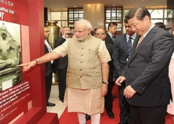 The Prime Minister, Shri Narendra Modi  with the Chinese President, Mr. Xi Jinping and First Lady Ms. Peng Liyuan at Hyatt Hotel, Ahmedabad on September 17, 2014 / Wikimedia commons