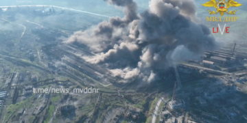 An aerial view of rising smoke after a possible shelling of Azovstal complex, in Mariupol, Ukraine, in this still image from a handout video acquired by Reuters on May 5, 2022.   Ministry of Internal Affairs Donetsk People's Republic/Handout via REUTERS    THIS IMAGE HAS BEEN SUPPLIED BY A THIRD PARTY