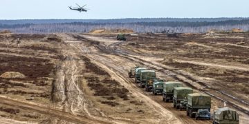 Russian and Belarusian troops take part in joint military drills in the Brest, Belarus, on February 19. (Peter Kovalev/TASS/Getty Images)