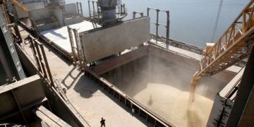 A dockyard worker watches as barley grain is mechanically poured into a 40,000 ton ship at a Ukrainian agricultural exporter's shipment terminal in the southern Ukrainian city of Nikolaev July 9, 2013. REUTERS/Vincent Mundy