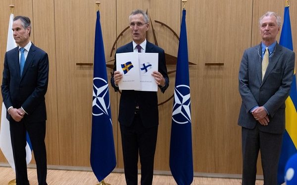 NATO Secretary General Jens Stoltenberg receives official letters of application to join NATO from Klaus Korhonen  (ambassador of Finland accredited to NATO) and Axel Wernhoff (ambassador of Sweden accredited to NATO)