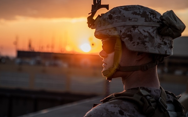 A U.S. Marine with 2nd Battalion, 7th Marines, assigned to the Special Purpose Marine Air-Ground Task Force-Crisis Response-Central Command (SPMAGTF-CR-CC) 19.2, stands post during the reinforcement of the Baghdad Embassy Compound in Iraq, Jan. 4, 2020. The SPMAGTF-CR-CC is a quick reaction force, prepared to deploy a variety of capabilities across the region. (U.S. Marine Corps photo by Sgt. Kyle C. Talbot)