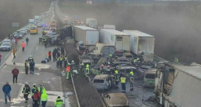 Huge accident on a highway in Hungary. More than 40 trucks and cars collided in the chain. A fire also broke out