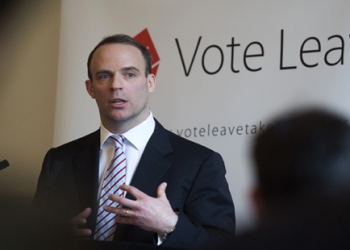 epa05236102 Conservative Member of Parliament and Justice Minister Dominic Raab delivers a speech at a 'Vote Leave' event at the Royal Horseguards Hotel, Central London, 30 March 2016. Raab's speech covered the implications for the security of the United Kingdom as well as encouraging Britons to vote to leave the EU on 23 June 2016.  EPA/WILL OLIVER