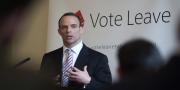 epa05236102 Conservative Member of Parliament and Justice Minister Dominic Raab delivers a speech at a 'Vote Leave' event at the Royal Horseguards Hotel, Central London, 30 March 2016. Raab's speech covered the implications for the security of the United Kingdom as well as encouraging Britons to vote to leave the EU on 23 June 2016.  EPA/WILL OLIVER