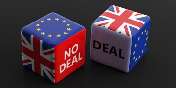 Brexit, deal or no deal concept. United Kingdom and European Union flags on dice, black background. 3d illustration
