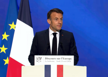 Претседателот на Франција, Емануел Макрон, Сорбона, 25 април 2024 (скриншот од видео)