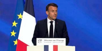 Претседателот на Франција, Емануел Макрон, Сорбона, 25 април 2024 (скриншот од видео)