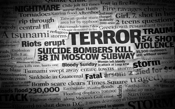 A  grungy black and white collage made up of newspaper clippings with the topics of Terror tragedy crime natural disasters etc. Please See my others in this style at this lightbox.