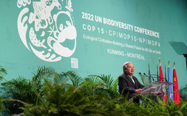 06 December 2022, Canada, Montreal: Secretary-General of the United Nations Antonio Guterres delivers at the Opening Ceremony of the 15th meeting of the Conference of the Parties (COP15) to the United Nations Convention on Biological Diversity in Montreal. Photo: Paul Chiasson/Canadian Press via ZUMA Press/dpa
