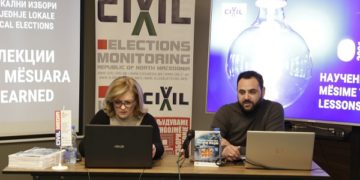 Дијана Тахири и Дехран Муратов го модерираа јавниот настан на ЦИВИЛ „Локални избори 2021: Научени лекции“, 23 декември 2021 (фото: Г. Наумовски/ЦИВИЛ)