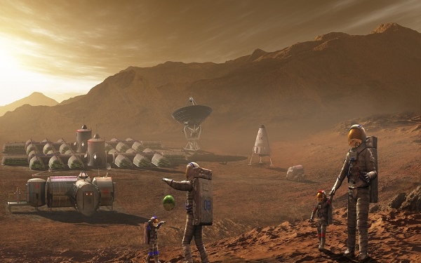 Future Mars colonists playing with children on Mars, a place they call home.