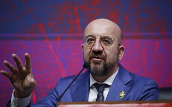 epa10306184 European Council President Charles Michel speaks to reporters during a press conference ahead of the G20 Leaders Summit in Bali, Indonesia, 15 November 2022. The 17th Group of Twenty (G20) Heads of State and Government Summit runs from 15 to 16 November 2022.  EPA-EFE/HOW HWEE YOUNG