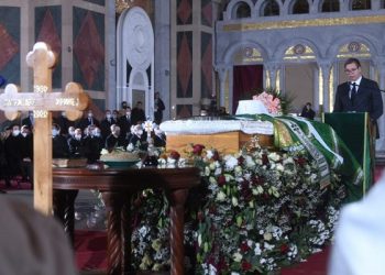 Срспскиот претседател, Александар Вучиќ, држи говор на погребот на спрскиот патријарх Иринеј, 22 ноември 2020 година.