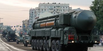 MOSCOW, RUSSIA - JUNE 18, 2020: An RS-24 Yars intercontinental ballistic missile launcher (R) and Tigr-M armored vehicles roll along Kudrinskaya Square ahead of a rehearsal of the military parade marking the 75th anniversary of the victory over Nazi Germany in World War II in Moscow's Red Square. photo: Mikhail Japaridze/TASS