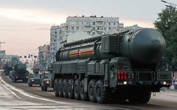 MOSCOW, RUSSIA - JUNE 18, 2020: An RS-24 Yars intercontinental ballistic missile launcher (R) and Tigr-M armored vehicles roll along Kudrinskaya Square ahead of a rehearsal of the military parade marking the 75th anniversary of the victory over Nazi Germany in World War II in Moscow's Red Square. photo: Mikhail Japaridze/TASS