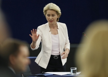 Ursula von der Leyen, the candidate to succeed Jean-Claude Juncker as head of the EU executive, answers parliament members during a debate at the European Parliament in Strasbourg, eastern France, Tuesday July 16, 2019. Ursula von der Leyen is seeking to woo enough legislators at the European Parliament to secure the job of European Commission President in a secret vote late Tuesday. (AP Photo/Jean-Francois Badias)