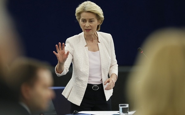 Ursula von der Leyen, the candidate to succeed Jean-Claude Juncker as head of the EU executive, answers parliament members during a debate at the European Parliament in Strasbourg, eastern France, Tuesday July 16, 2019. Ursula von der Leyen is seeking to woo enough legislators at the European Parliament to secure the job of European Commission President in a secret vote late Tuesday. (AP Photo/Jean-Francois Badias)