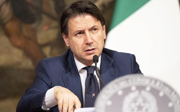 epa08420434 A handout photo made available by the Chigi Palace Press Office shows Italian Prime Minister, Giuseppe Conte, attending a press conference during a break of the Cabinet for the "Relaunch" Law Decree (dl Rilancio) at the Chigi Palace in Rome, Italy, 13 May 2020.  EPA-EFE/FILIPPO ATTILI / HANDOUT  HANDOUT EDITORIAL USE ONLY/NO SALES