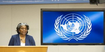 epa09045277 Linda Thomas-Greenfield, the United States? new ambassador to the United Nations, holds her first press conference as the United States is set to take the presidency of the UN Security Council for the month, at United Nations headquarters in New York, New York, USA, 01 March 2021.  EPA-EFE/JUSTIN LANE
