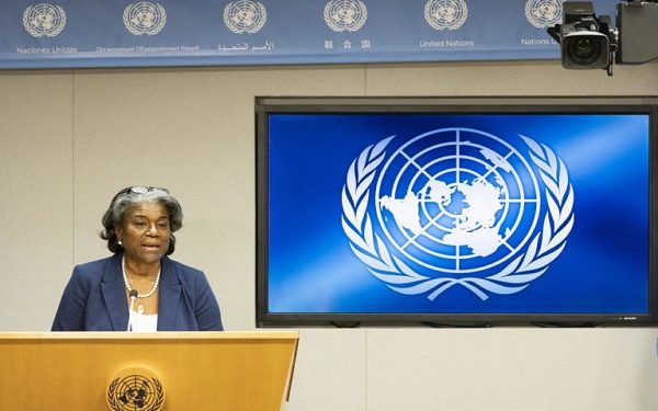 epa09045277 Linda Thomas-Greenfield, the United States? new ambassador to the United Nations, holds her first press conference as the United States is set to take the presidency of the UN Security Council for the month, at United Nations headquarters in New York, New York, USA, 01 March 2021.  EPA-EFE/JUSTIN LANE