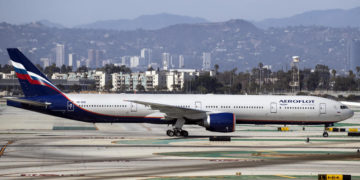 epa09482732 An Aeroflot Russian Airlines Boeing 777-3M0ER (tail number VQ-BQE) lands at the Los Angeles Airport in Los Angeles, California, USA, 22 September 2021.  EPA-EFE/ETIENNE LAURENT