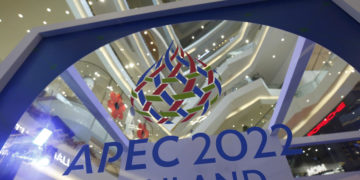 epa09588762 The logo for the Asia-Pacific Economic Cooperation (APEC) 2022, during the launching ceremony of APEC 2022 Thailand logo in Bangkok, Thailand, 18 November 2021. The APEC 2022 Thailand logo is a symbol of Chalom, a kind of Thai bamboo basket use to carry travel items and goods since ancient times of Thailand. The APEC summit 2022 will be chaired by Thailand and brings together world leaders from 21 member nations for regional economic cooperation.  EPA-EFE/NARONG SANGNAK
