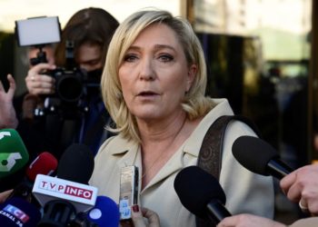 epa09716311 French far-right leader Marine Le Pen speaks to media as she takes part in an event organized by Spanish far-right party Vox at a hotel in Madrid, Spain, 29 January 2022.  EPA-EFE/VICTOR LERENA