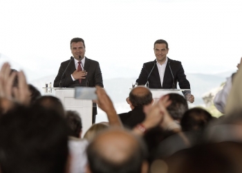 Signing ceremony of the agreement on the name issue between the Foreign Ministers of Greece and FYROM, in the border village of Psarades, Prespa lakes, Greece on June 17, 2018. The Foreign Ministers of Greece, Nikos Kotzias and his FYROM counterpart, Nikola Dimitrov, sign an agreement to change the name of the FYROM to the ‘Republic of North Macedonia’, in the presence of the Prime Ministers of the two countries, Alexis Tsipras and Zoran Zaev.